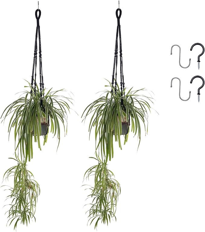 2 Pack Macrame Plant Hanger Indoor, Indoor Outdoor Hanging Planter Basket Decorative with 4 Hooks, Flower Pot Holder for Boho Home Decor (Black)