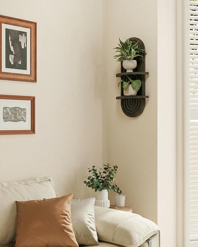 Bamworld Boho Wall Decor Plant Wall Shelf Mid Century Modern Decor Hanging Plant Shelf 2-Tier Wooden Floating Shelves for Home Bathroom Bedroom Living Room Office Holding Planter Decoration Walnut