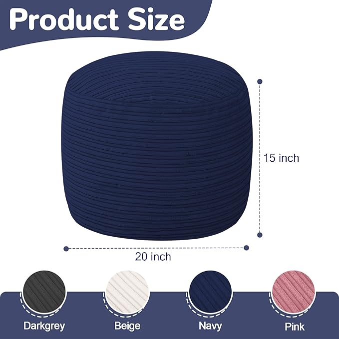 MeMoreCool Stuffed Round Pouf Ottoman Foot Rest, Soft Plush Floor Pouf Foot Stool, Corduray Footstool Footrest, Small Round Ottoman for Living Room Couch Sofa Chair, 20x15 Inch Navy