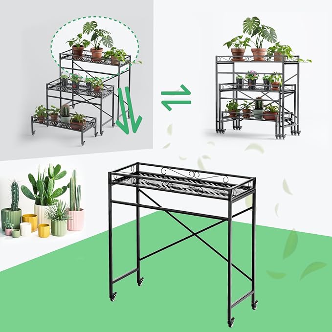 Zhongma 1 Tier Window Height Sturdy Metal Plant Stand with Wheels, 40.5x16x40.4 in High, Heavy Duty Succulent Shelf for Home Indoor and Outdoor, 220 LBS Capacity & Heavy Duty Construction