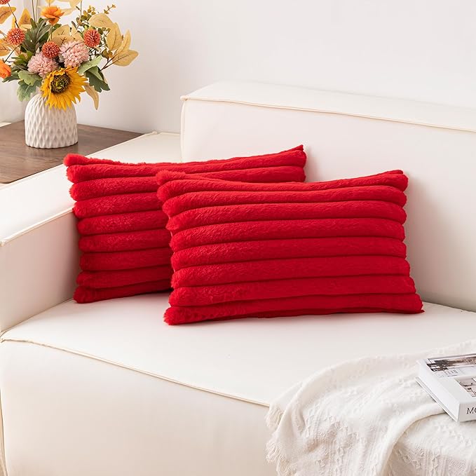 Pack of 2 Faux Fur Christmas Throw Pillow Covers 12x20 Inch, Soft Plush Striped Neutral Couch Pillow Cover, with Velvet Back Modern Home Decor for Sofa Living Room Couch Bed Red