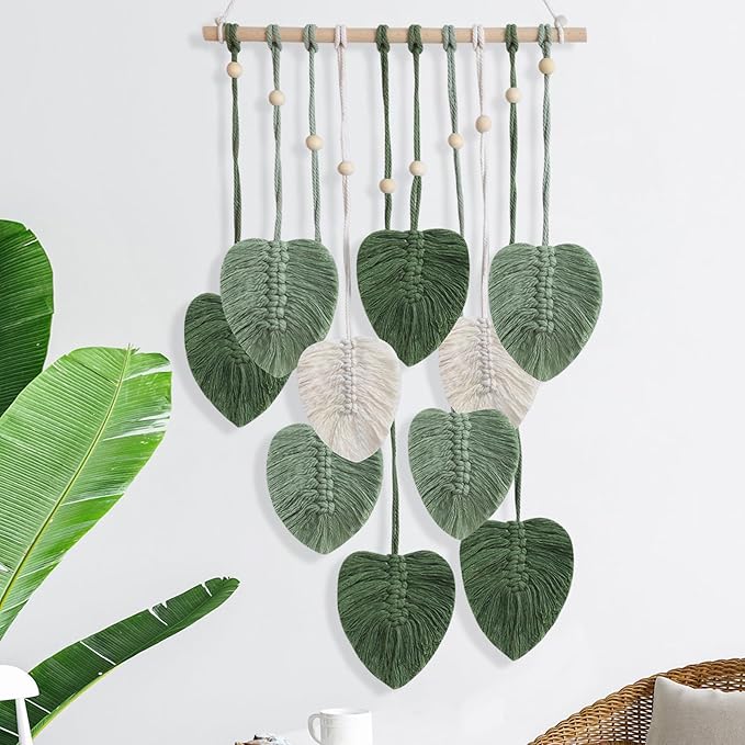 EaseMyKit Macrame Wall Hanging Leaves Tapestry, Boho Wall Decor Woven Feather Handmade Yarn Tassels Leaf Wall Art Decorations for Nursery, Bedroom, Office,Living Room,16x26 Inch(Green)