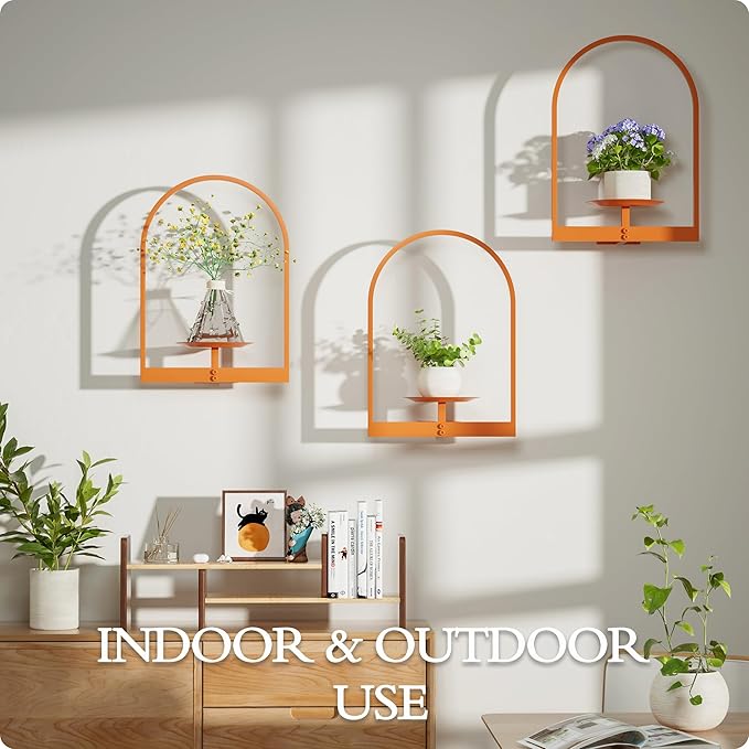 Orange Metal Wall Plant Holder - 3-Pack Wall Mounted Plant Stands and Hanging Holders for Indoor Planter and Flower Pot - Arch Decor Shelf for Plant Storage (Pot Not Included)