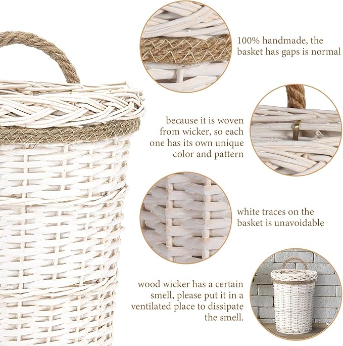 AceList Set of 2 Handmade Wall Hanging Baskets - Woven Wicker Wall Baskets Perfect for Boho Rustic Farmhouse Wall Decor(White)