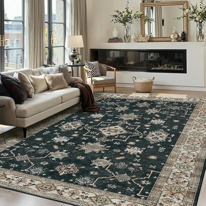 6x9 Area Rugs for Living Room Bedroom, Large Washable Rug, Black Vintage Floral Boho Rug, Non Slip & Low Pile Faux Wool Thin Carpet for Indoor Dining Room, Dorm and Kids Room(Black 6x9ft)