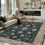 6x9 Area Rugs for Living Room Bedroom, Large Washable Rug, Black Vintage Floral Boho Rug, Non Slip & Low Pile Faux Wool Thin Carpet for Indoor Dining Room, Dorm and Kids Room(Black 6x9ft)