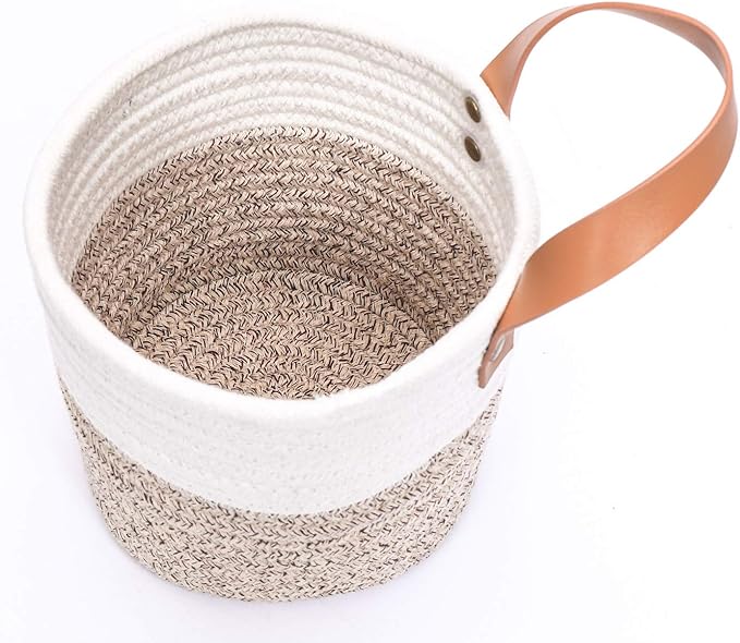 2pack Small Hanging Basket-Cotton Rope Wall Basket with Handle, Hanging Storage Baskets, Shelf Baskets Storage Bin Closet Organizer 6"×6.3", Woven Plant Basket - (White & Brown)
