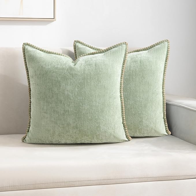 Decorative Throw Pillow Covers Pack of 2, 18x18 In Chenille Soft Pillow Covers with Stitched Edge, Farmhouse Neutral Euro Decorative Pillows for Bed Couch Sofa Home Decor Living Room,Green
