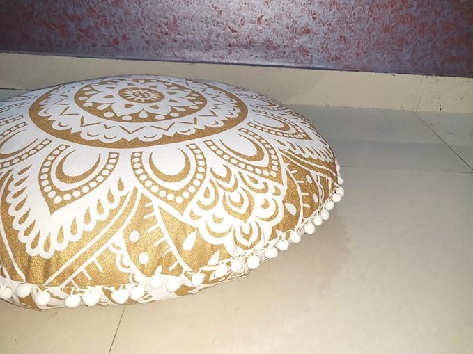 24" White Gold Flower Mandala Barmeri Large Floor Pillow Cover Cushion Meditation Seating Ottoman Throw Cover Hippie Decorative Zipped Bohemian Pouf Ottoman Pom Pom Cases ( 24 " round)