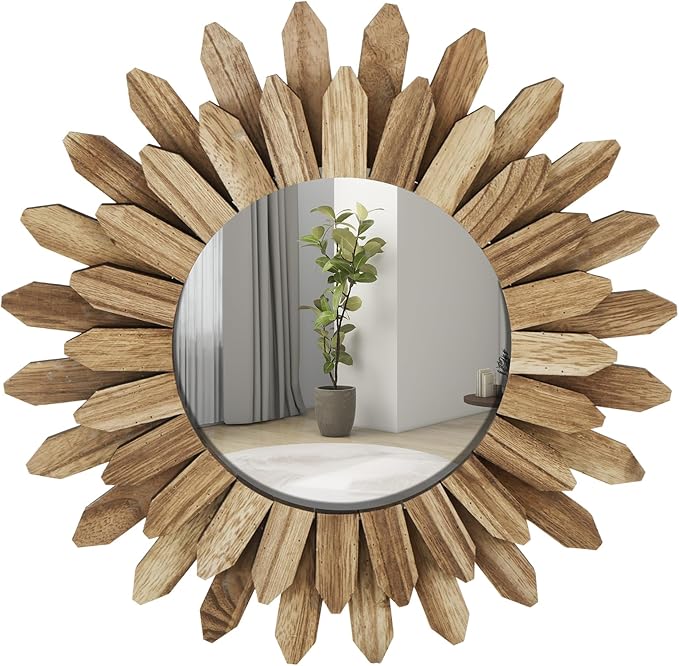 Mirror Wall Decor 12 inch Boho Mirror Home Decor Rustic Round Wood Mirror Wall Mirror Decorative Sunburst Mirror Boho Mirror Home Wall Decor Farmhouse Wall Decor for Bedroom Living Room Entryway