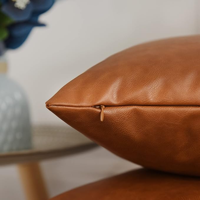 Tosewever Faux Leather Throw Pillow Covers, 18 x 18 inch Set of 2 Luxury Cognac Brown Modern Pillowcases Solid Decorative Square Cushion Cases for Bedroom Living Room Couch Bed Sofa (Brown, 18" x 18")