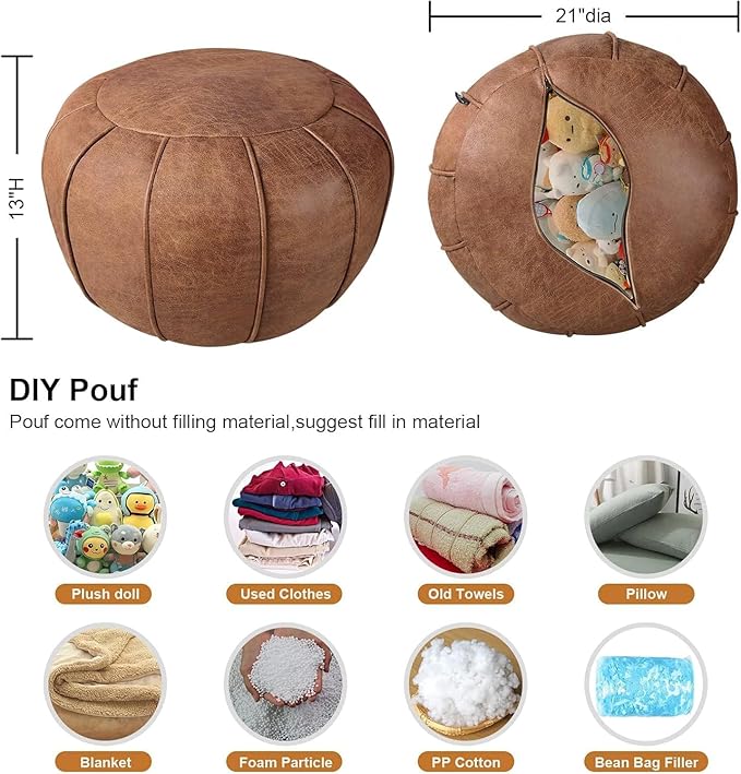 Louis Donné Unstuffed Pouf Ottoman Handmade Moroccan Storage Footstool Seat Round Home Decoration Pouf Cover Multi Functional Bean Bag Floor Chair for Living Room, Office, Bedroom, Balcony Decor