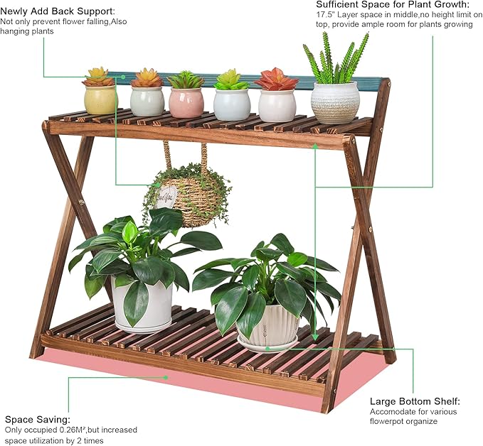 Indoor Plant Stand for Multiple Plants 2 Tier Wood Corner Plant Shelf Rack with Planter Hanger Outdoor Flower Pot Stand Holder for Yard Patio Garden Balcony Porch Living Room ( Rustic X-Cross)