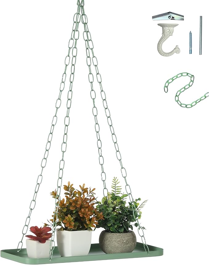 Shinehola Hanging Planters for Indoor Outdoor Plants (Length - 15.5"), Plant Hanger Indoor | Large Metal Hanging Plant Holder, Hanging Planter Shelf, No Plant/Pot Included (Green, 1-Tier)