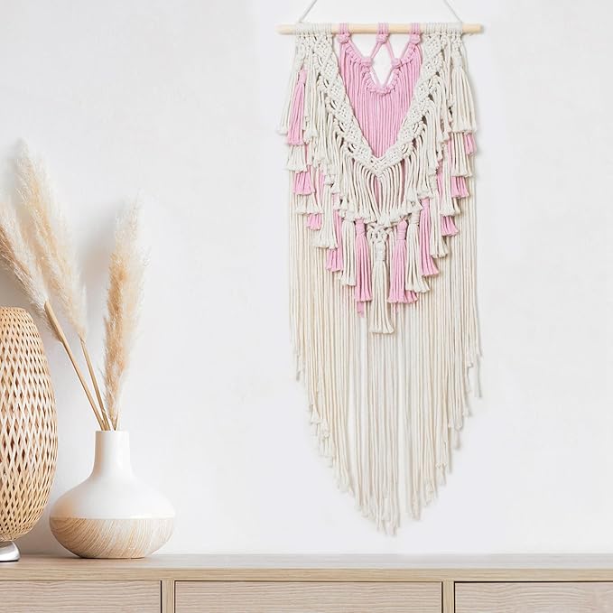 HVEST Pink Macrame Wall Hanging Boho Wall Decor Pink and Beige Tassel Woven Tapestry for Bedroom, Bohemian Tapestry for Girl Kids Room Living Room Nursery Dorm Wall Art Decor, 27L X 13W inches