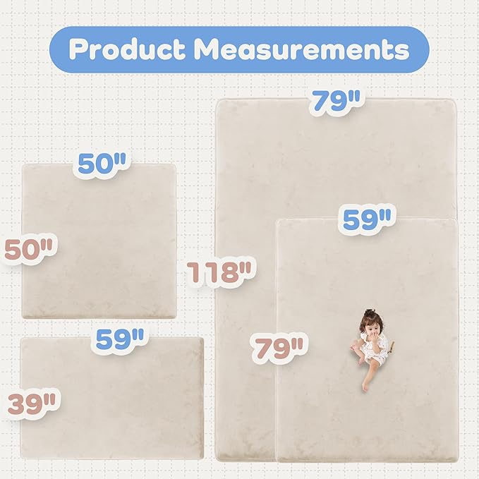 1.5" Thick Baby Play Mat for Floor, 59x79 Playpen Mat, Pro Soft Flannel Foam Mats Toddler Infant Kids Crawling for Nursery Rug Playroom Living Room Waterproof Easy Care Non-Slip (Beige)
