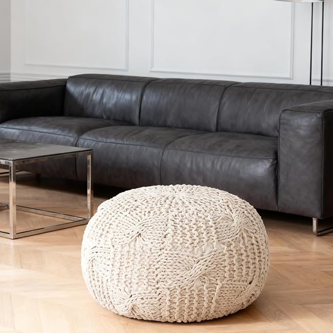 Round Pouf Ottoman, 18" Bordeaux Knitted Cotton Woven Round Pouf, Handmade Woven Bean Bag for Living Room, Floor Bag for Bedrooms, Home, Offices, Sofa Footrest (Beige - 2)
