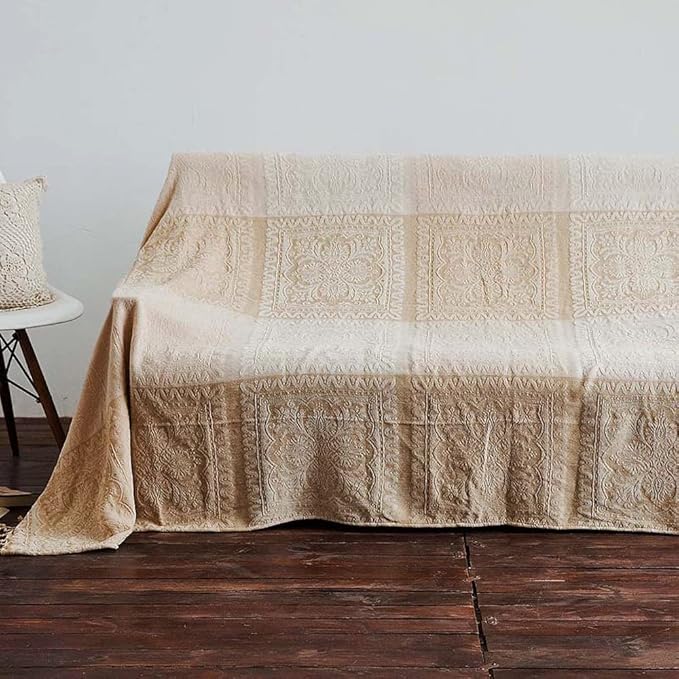 AIVIA Boho Throw Blanket, Chenille Jacquard Bohemian Chair Recliner Furniture Cover Aztec Hippie Throws Loveseat Sofa Blankets (Tan Beige Cream Vintage, 60" x 75")