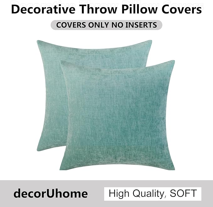 decorUhome Chenille Aqua Haze Spring Euro Sham Throw Pillow Covers 24x24 Inch Set of 2, Decorative Soft Couch Pillow Covers Solid Dyed Accent Farmhouse Neutral Square Pillow Cases for Sofa