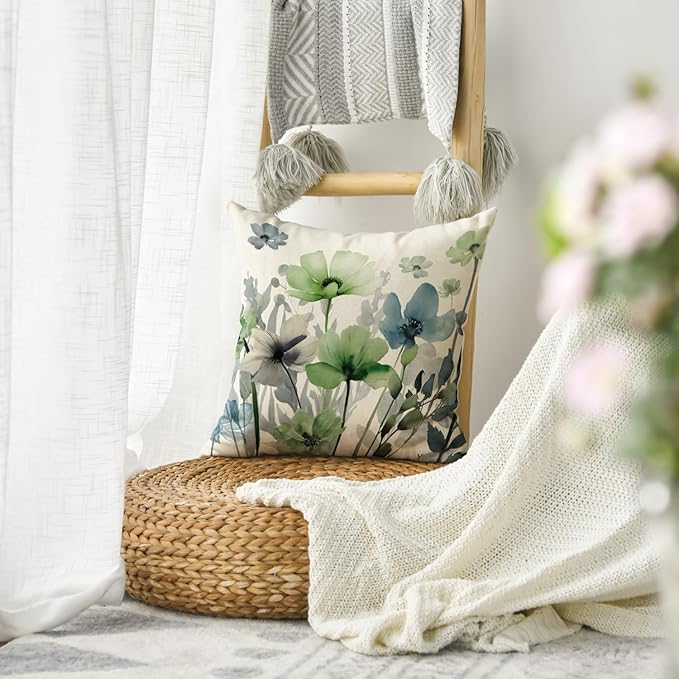 AVOIN colorlife Poppy Flowers Chinoiserie Fall Throw Pillow Cover, 18 x 18 Inch Blue Sage Green Seasonal Leaves Cushion Case Decoration for Sofa Couch Farmhouse