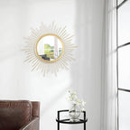 Large Gold Spoked Sunburst Wall Mirror Boho Home Decor Round Wall Art Mirror Modern Metal Mirrors for Wall Living Room Vanity Bathroom Bedroom Hallway Balcony Entryway 20"