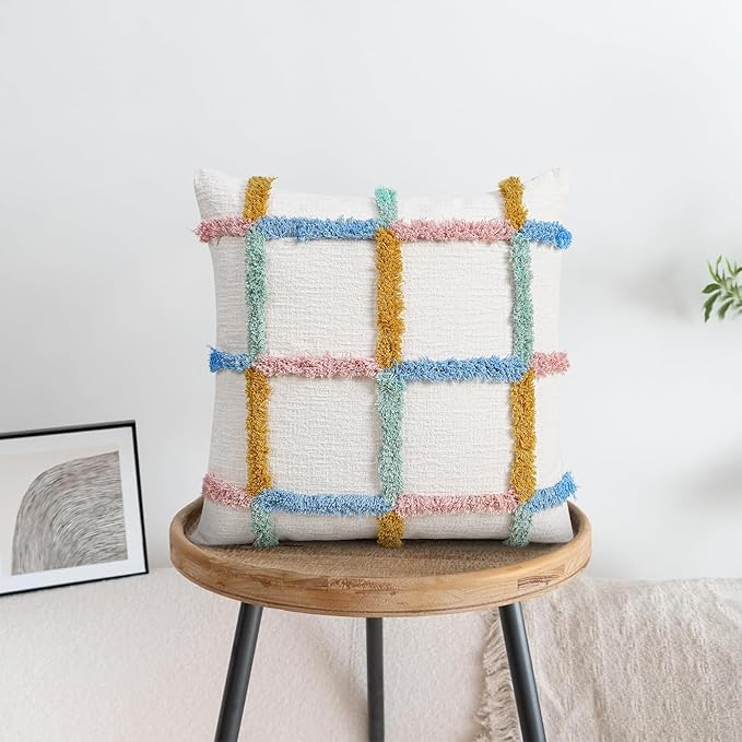 JASEN Checkered Tufted Throw Pillow Cover 18x18 - Colorful Soft Double Stitch Cotton Boho Decorative Cushion Case for Living Room, Sofa, Bed, Modern Home Decor Accents