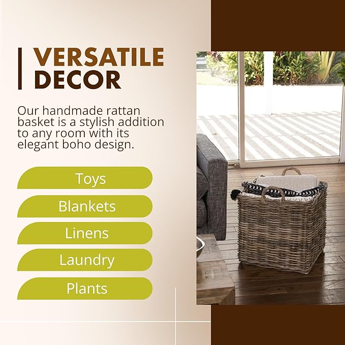 KOUBOO Large Square Rattan Basket, Handmade, Living Room, Blankets, Toy Bin, Extra Storage, Decorative Storage, Laundry Basket, Linens, Gray & Brown, Large