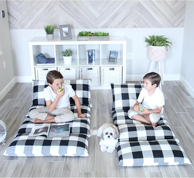Butterfly Craze Floor Pillow Case - Transforms into Floor Bed & Sleep Mat - Ground Seating & Studio Apartment Essentials - Portable Guest Bed & Folding Mattress Alternative - King, Black/White