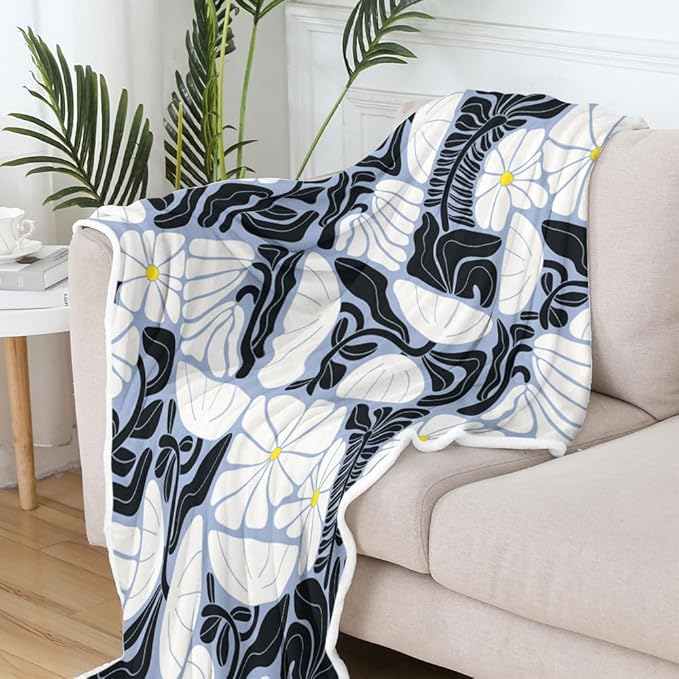 Boho Abstract Colorful Floral Throw Blanket, Vintage Retro Patchwork White Black Purple Flower Botanical Geometric Aesthetic Groovy Flannel Throw Blanket for Chair Bed Sofa Couch, 60X80IN