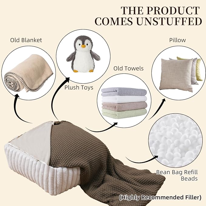 Unstuffed Pouf Ottoman Cover Soft Storage Extra Seat Farmhouse Comfortable Bohemian Poufs Accent Footrest 20x20x8 Inches for Living Room Bedroom Study Nook (Beige B, Square)