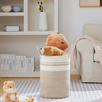 VIPOSCO Large Laundry Hamper, Tall Woven Rope Storage Basket for Blanket, Toys, Dirty Clothes in Living Room, Bathroom, Bedroom - 58L Brown & White