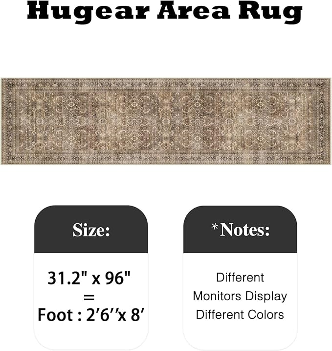 HUGEAR 2'6''x8' Runner Rug Hallway Vintage Brown Machine Washable Retro Floral Low Pile Carpet Distressed Long Throw Rug Bedroom Kitchen Laundry Non Slip Soft Lightweight