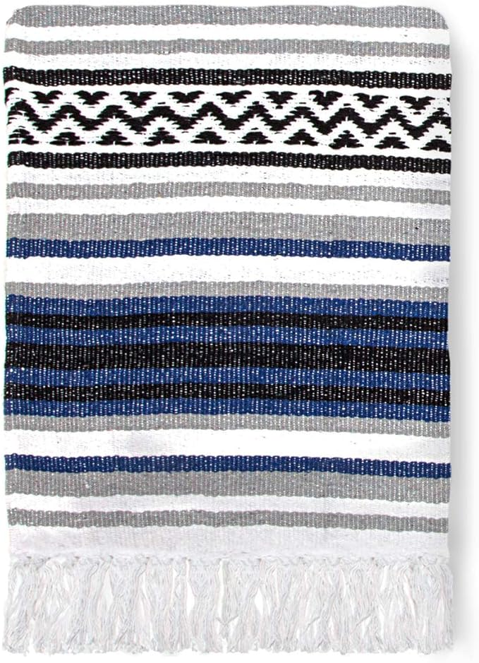Americanflat 50x70 Authentic Mexican Throw Blanket - Falsa Blanket - Soft Cotton Throw Blankets for Indoor or Outdoor - Use for Yoga, Meditation, or Beach - Blue Stripes