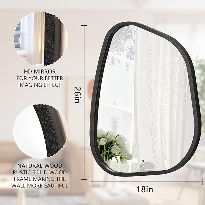 Irregular Bathroom Mirror Modern Oval Wall Mirror Asymmetrical Wooden Framed Wall Mirror Unique Shape Wall Mounted Vanity Artistic Mirror Decor for Living Room Bedroom Entryway Large 26"x18"