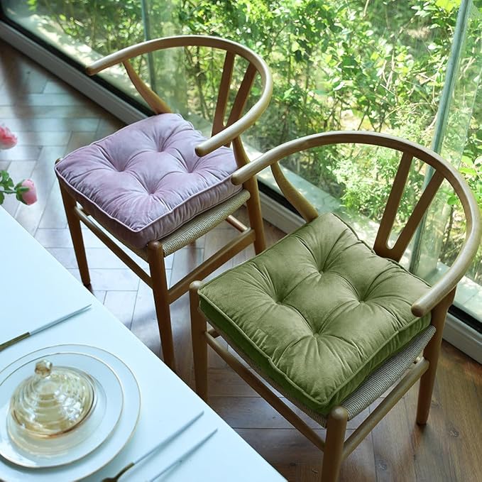 vctops Soft Velvet Chair Pads with Ties Comfy Solid Seat Cushion for Dining Chairs, Office Chairs, Hardwood Floors (Grass Green, 16"x16")