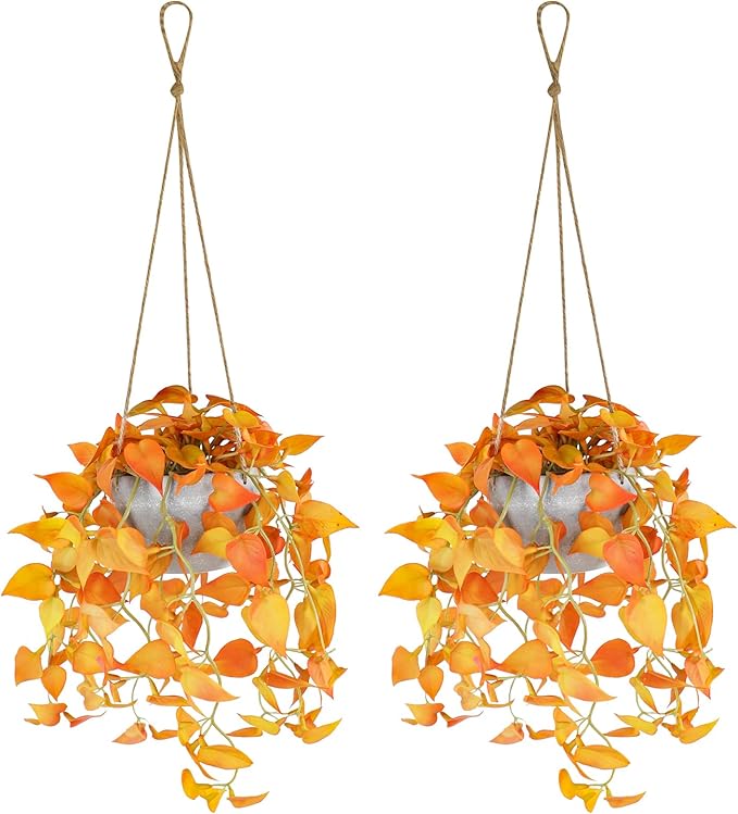 Autumn Fake Hanging Plants with Pot, 2 Pack Artificial Hanging Plants, Faux Anthurium Leaf Hanging Basket Plant for Wall Home Room Indoor Outdoor Office Decor