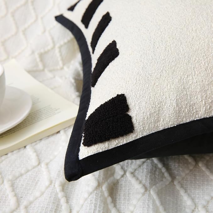 Boho Decorative Throw Pillows with Inserts, 18" x 18" Soft Tufted Modern Chenille Pillow, Pillows for Home, Patio, Couch, Bedroom, Living Room (Black Square - White Background)