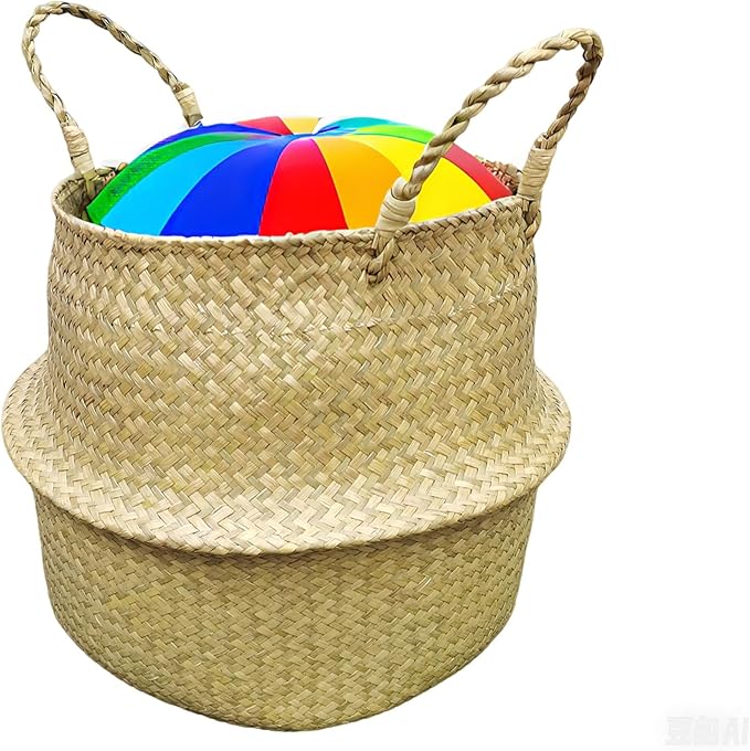 FixtureDisplays 14"X16"X10.5" Woven Seagrass Belly Plant Basket with Handles Plant Pot Handmade Home Decor Basket for Storage Plants,Laundry,Picnic,Plant Pot Cover,Beach Bag&Grocery Basket 22023-NPF
