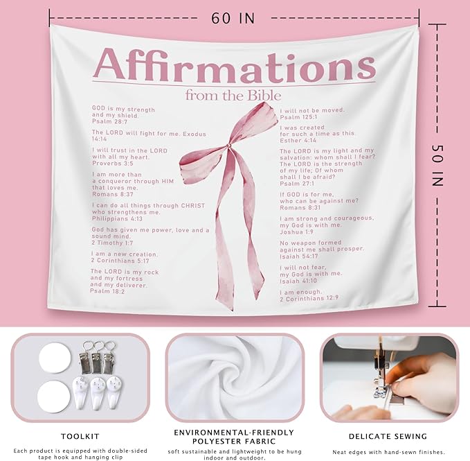 LIANGW Coquette Pink Bow Christian Tapestry Aesthetic, Wall Tapestry for Bedroom, Coquette Preppy Room Decor for Teen Girls & Women, Bible Verses Tapestries Wall Hanging 50x60 inche