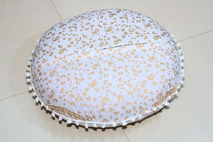 CRAFT KALA 22" Round Mandala Comfort Meditation Floor Pillow Cover, Large Pillows Seating Cover for Adults, Cushions Cover for Outdoor Yoga Fireplace Living Room Ottoman Cover White Gold Trishul