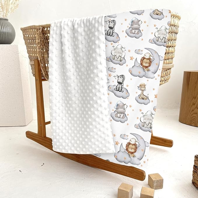 Sleepy Safari Baby Blankets for Girl Boy Lion Elephant Hippo Giraffe Moon Clouds Stars Soft Mink Dotted Backing Double Layer Swaddle Blanket African Jungle Animal Bed Throw for Newborn Toddler 30x40