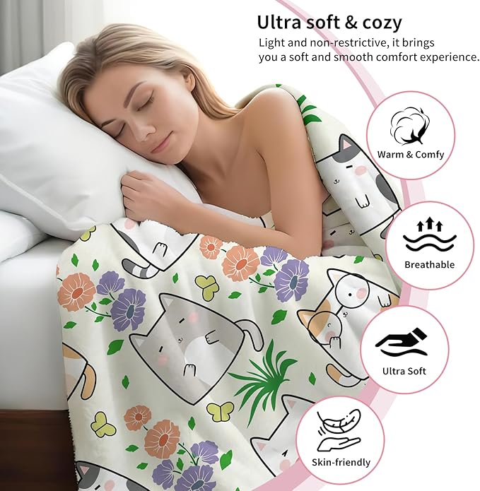 Throw Blanket for Couch, 300GSM Warm Soft Cozy Flannel Blanket, Cute Blanket for All Seasons Bedroom Home Decor Gifts, Cute Flower Cats 50x60 Inches