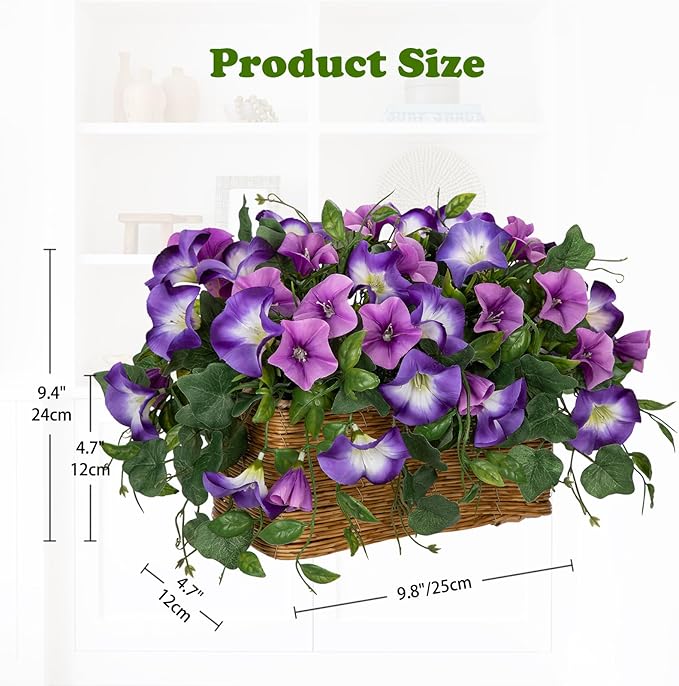 Briful Fake Floral Centerpieces for Tables Artificial Potted Morning Glory Silk Flowers with Woven Rattan Basket Faux Flower Arrangement for Home Office Room Shelf Kitchen Decor(Lavender Purple)