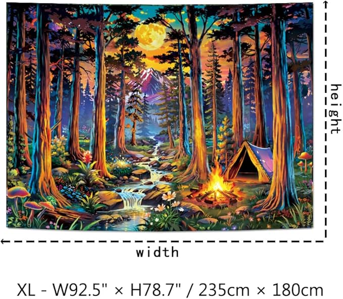 Racunbula Blacklight Fantasy Forest Tapestry UV Reactive Galaxy Space Moon Tapestry Trippy Pine Trees Wall Tapestries Nature Landscape Mountain River Tapestries Wall Hanging for Bedroom