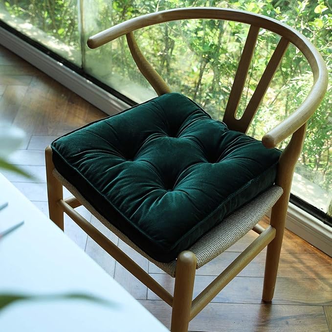 vctops Soft Velvet Chair Pads with Ties Comfy Solid Seat Cushion for Dining Chairs, Office Chairs, Hardwood Floors (Mo Green, 16"x16")