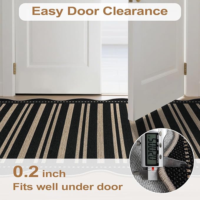 Striped Easy Jute Entryway Rug, 2x3 Black Indoor Outdoor Doormat, Washable Small Kitchen Rug Non Slip Farmhouse Scalloped Rugs for Front Door Entrance Bathroom