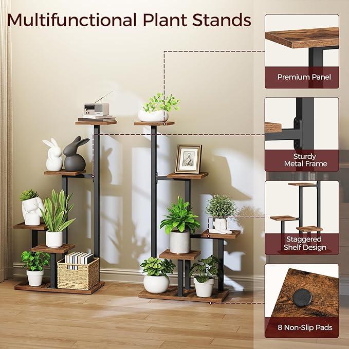 Plant Stands Indoor Set of 2, Metal Corner Plant Stand for Multiple Plants, 5 Tier Plant Shelves for Living Room, Home, Patio, Rustic Brown and Black PSHR0101S2