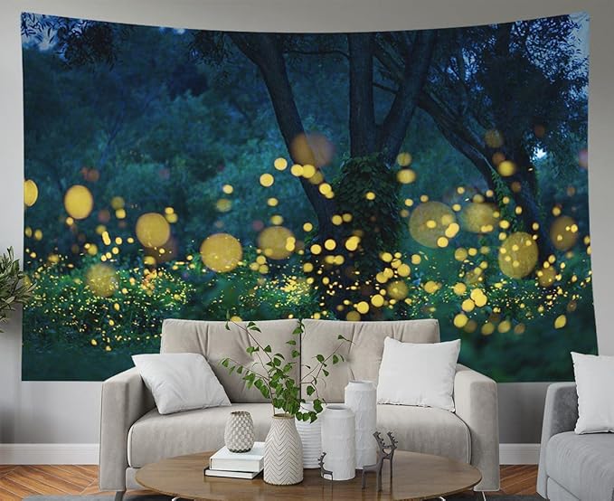 EMMTEEY Night Tapestry Lampyridae Night Trees Lightning Bugs Fireflies Farmhouse Tapestry 60X50 Tapestry Present for Friends Families