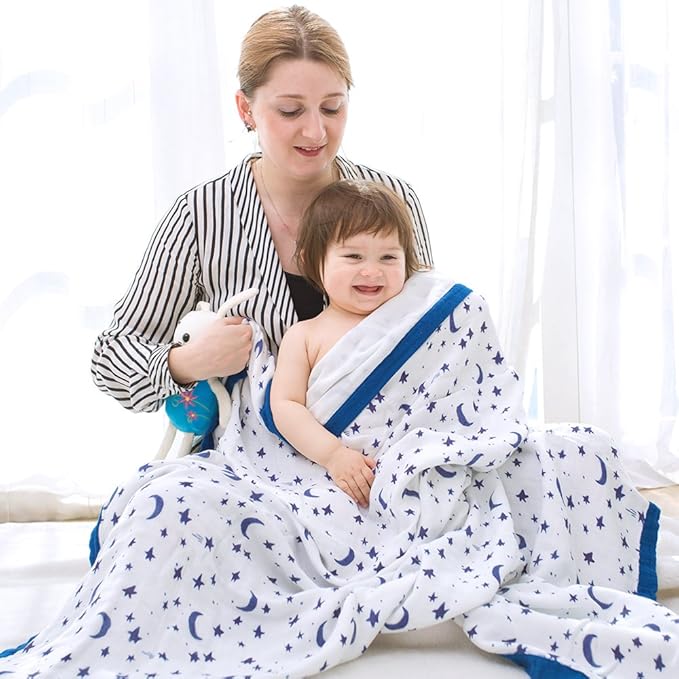 Starry Sky Muslin Stroller Blanket - Silky Soft and Breathable Summer Blanket for Toddler - Oversized 47" x 47" - 2 Layers Muslin Baby Blanket for Baby Gir and Boy (Starry Sky)