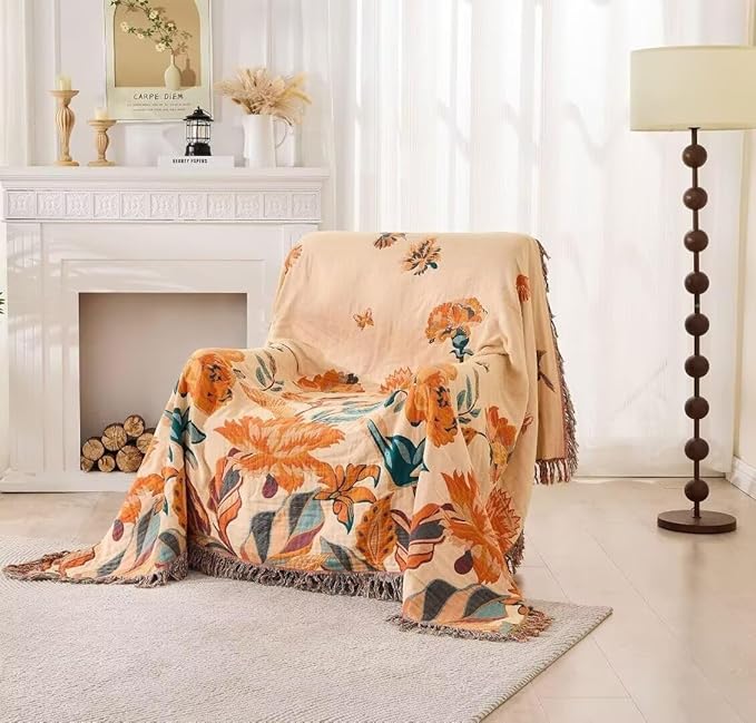 Boho Blanket for Bed 100% Cotton Bohemian Throw Blankets Ultra Soft Woven Muslin Decorative Blankets All Seasons Vintage Quilt Knitted Blanket for Sofa Chair(Orange, 90"x98")